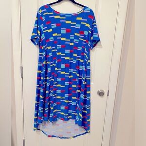 LulaRoe blue with rectangle design carly high low dress